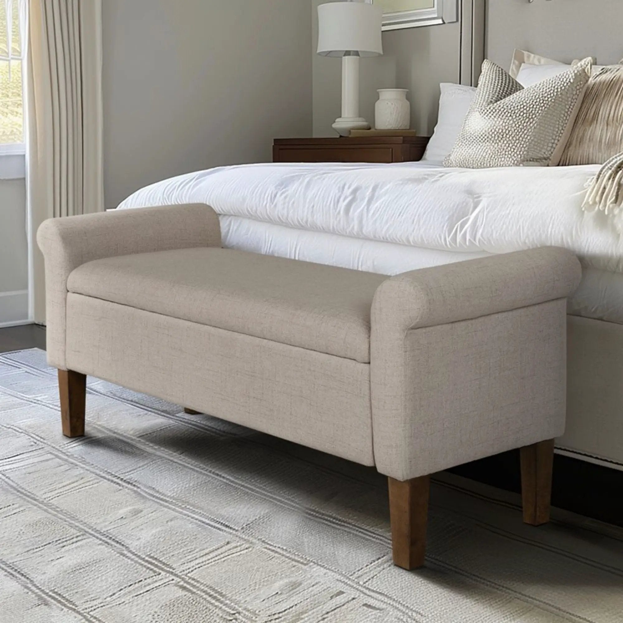 Upholstered Storage Bench With Rolled Armrests - Beige by Unique Piece Furniture