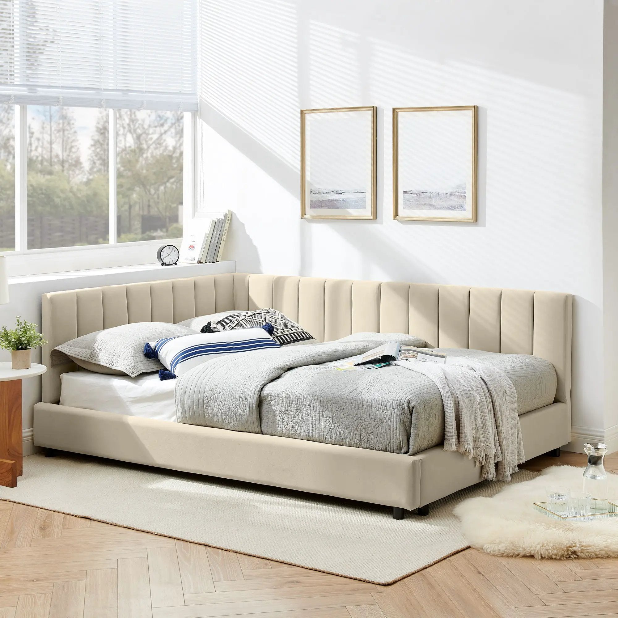 Mid-Century Upholstered Tufted Bed Frame with Backrest and Armrests by HouseOfZazla