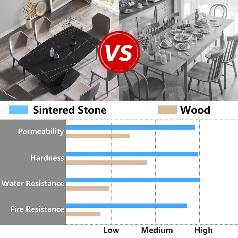 70.87" Modern Artificial Stone Black Curved Black Metal Leg Dining Table, Can Accommodate 6-8 People - Black by HouseOfZazla