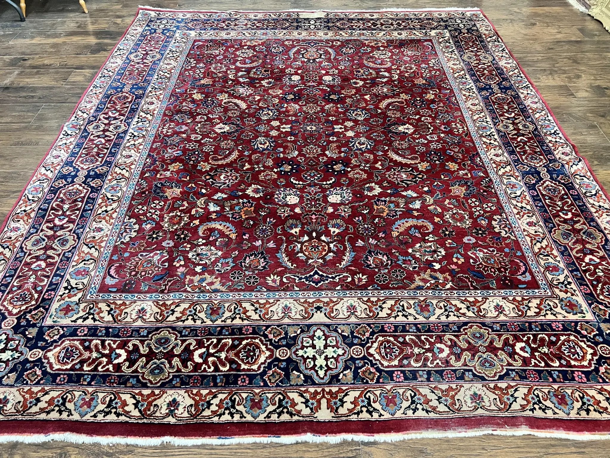 Signed Persian Mashad Rug 8x10, Wool Oriental Carpet, Semi Antique Rug, Hand Knotted, Traditional, Red, Floral Allover, by Jewel Rugs