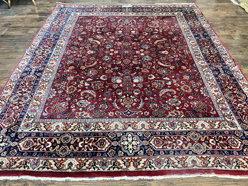 Signed Persian Mashad Rug 8x10, Wool Oriental Carpet, Semi Antique Rug, Hand Knotted, Traditional, Red, Floral Allover, by Jewel Rugs