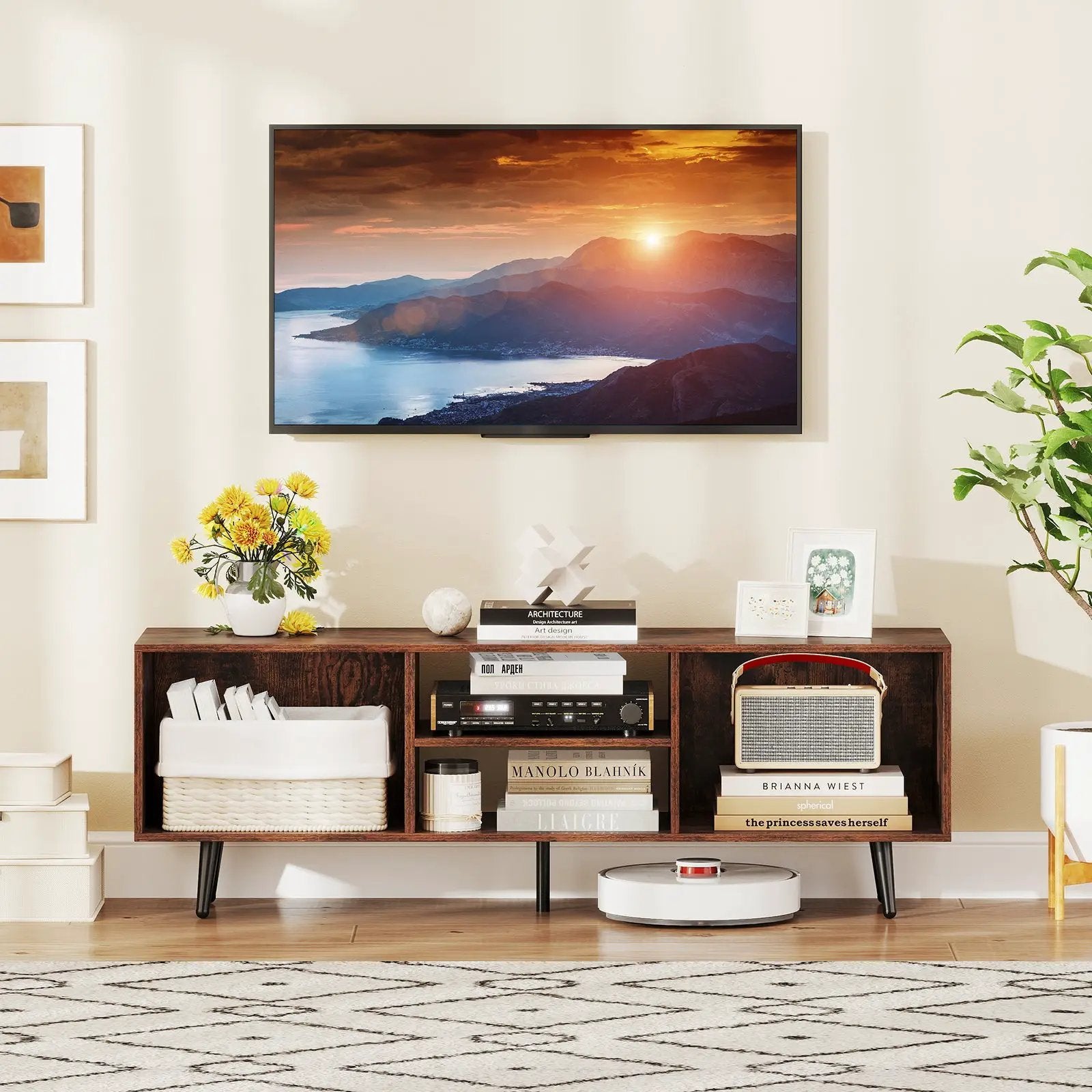 47.5 Inches TV Stand for 55-Inch TV with Compartments and Metal Legs by DirectDeals