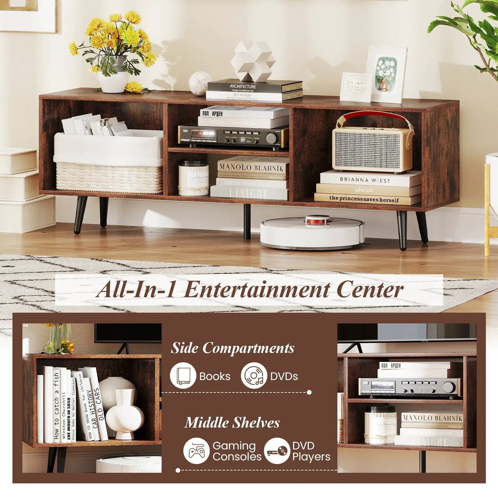 47.5 Inches TV Stand for 55-Inch TV with Compartments and Metal Legs by DirectDeals