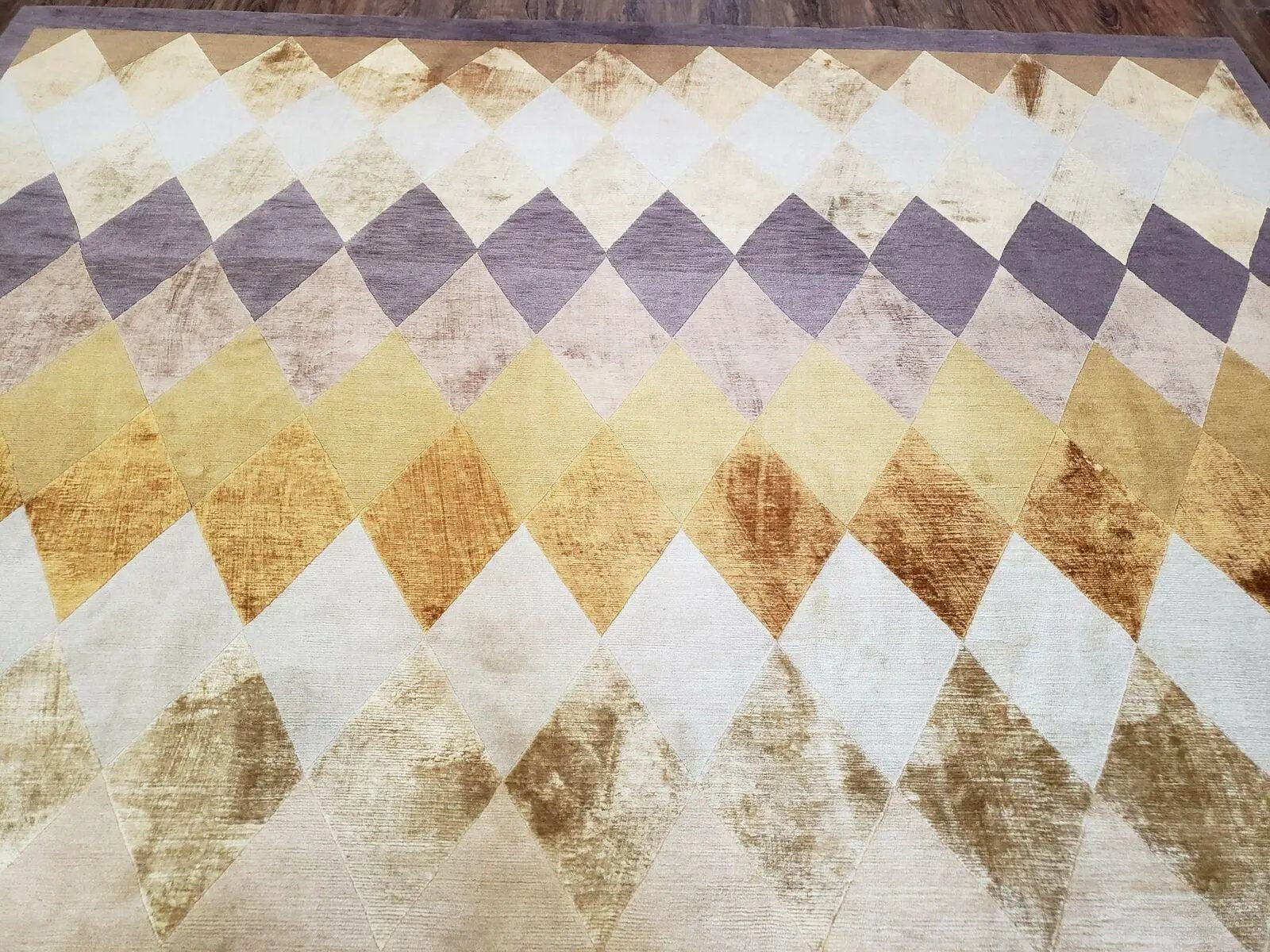 Modern Tibetan Rug 8.6 x 11, Wool and Silk, Multicolor, Diamond Panel Design by Jewel Rugs