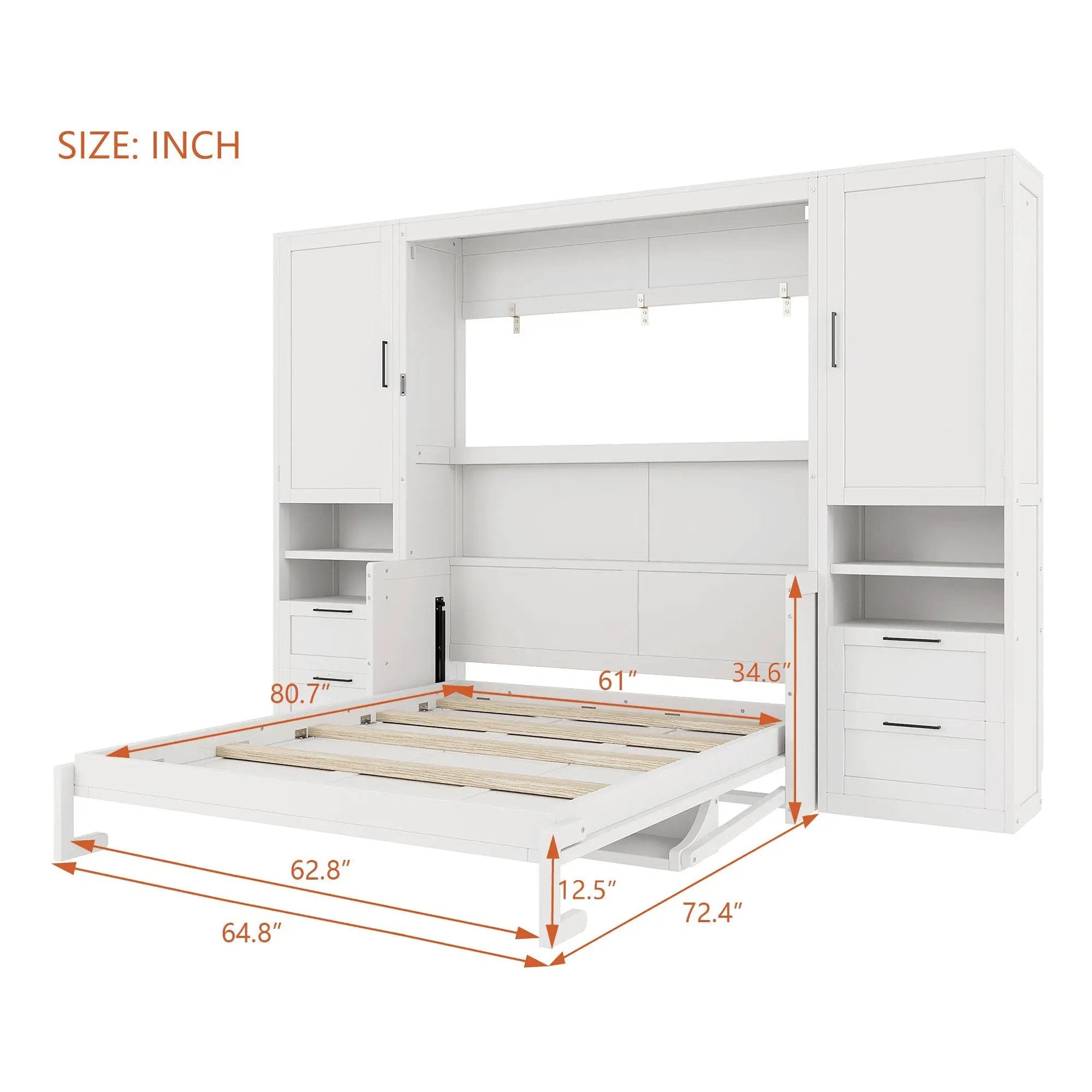 Queen Size Murphy Bed Wall Bed with Closet, Drawers and Shelves, White by HouseOfZazla