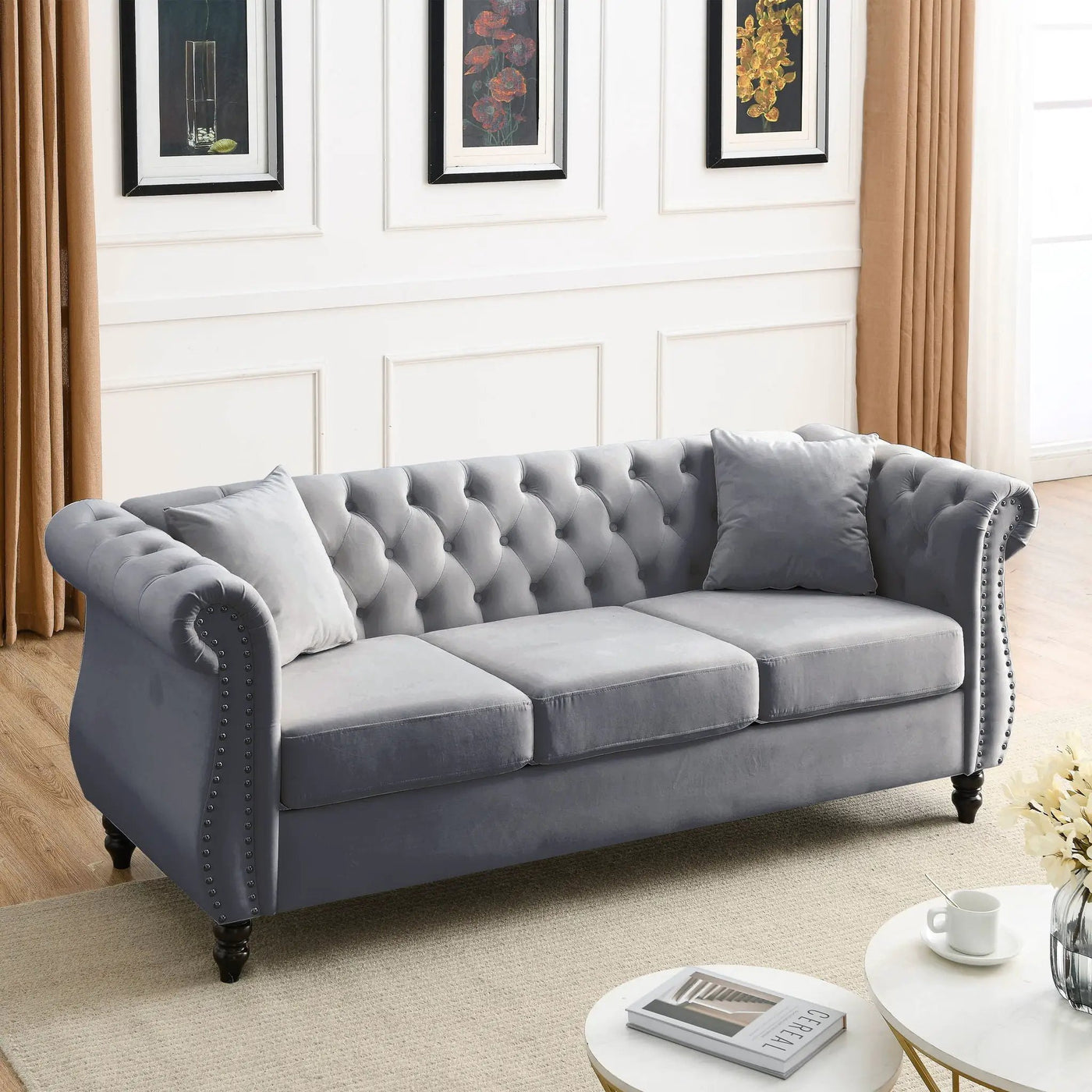 Chesterfield Sofa With Rolled Arms And Nailhead Trim by HouseOfZazla