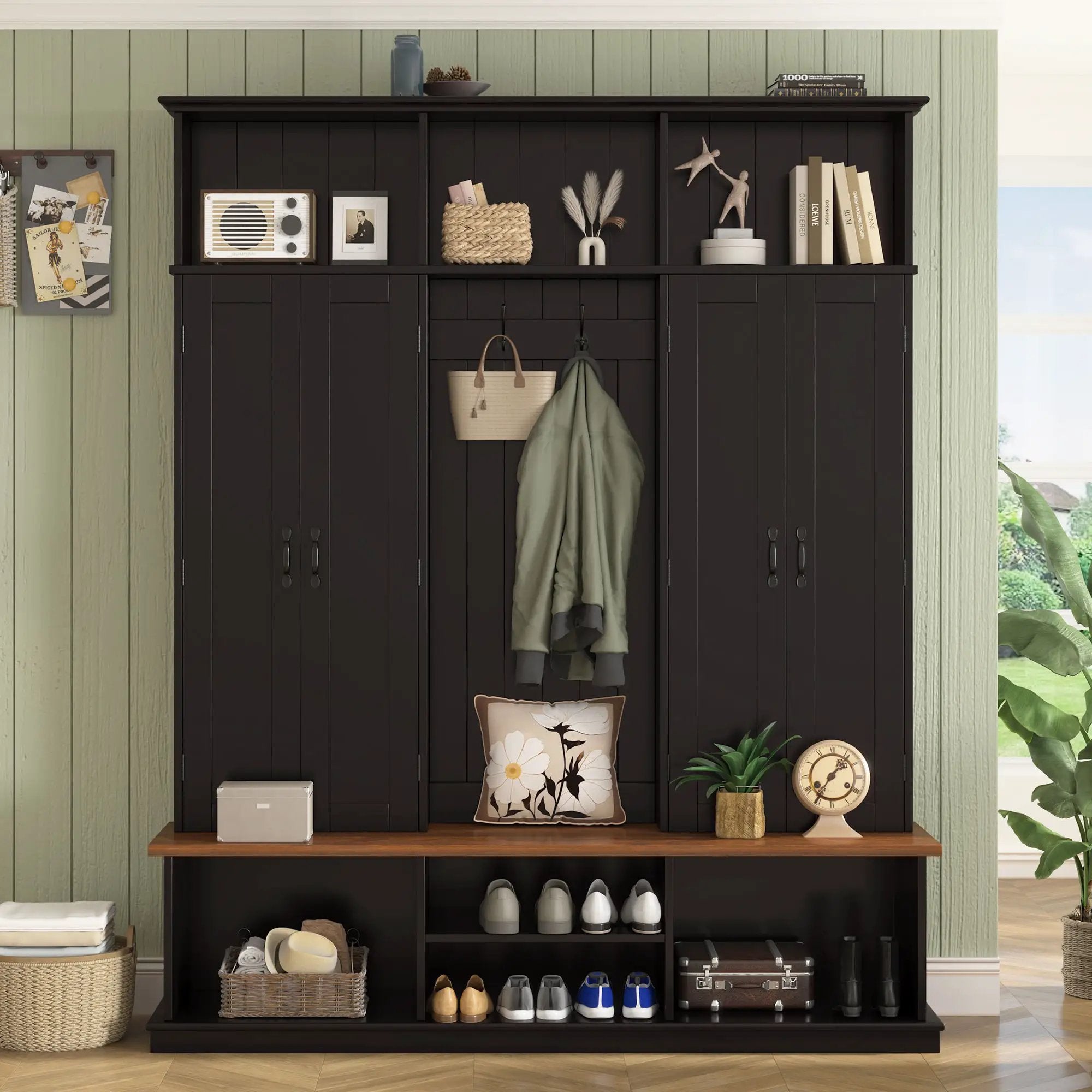 Entryway Hall Tree With Bench, 3 Top Cubbies & Bottom Storage Space by Unique Piece Furniture