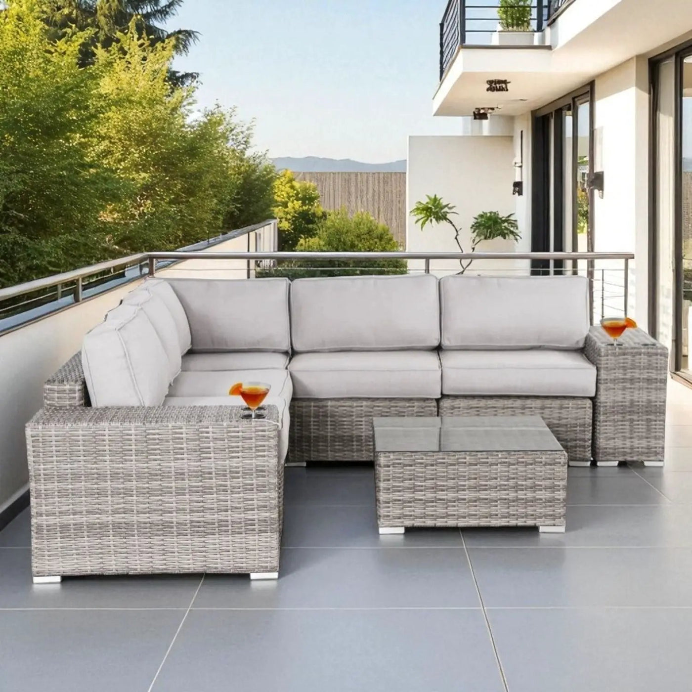 Modern Patio Rattan Sectional Set With Cushions by Unique Piece Furniture