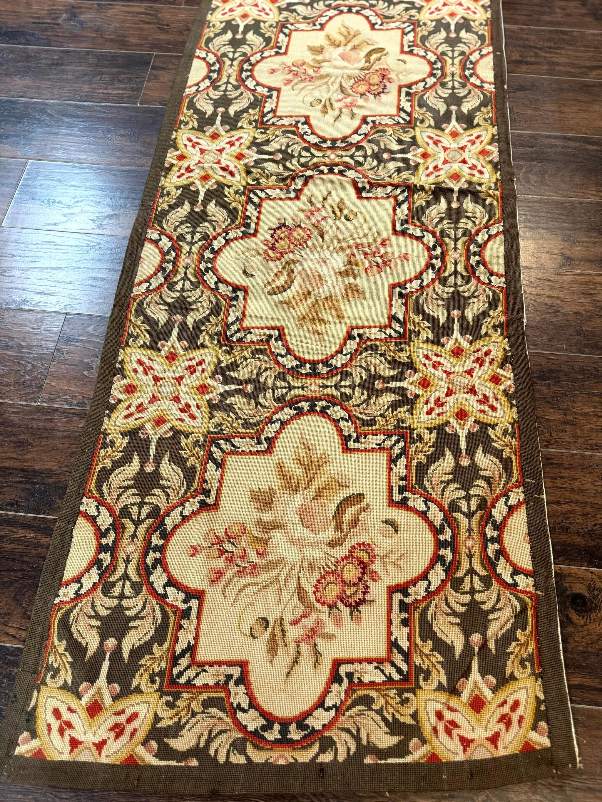 Needlepoint Runner Rug 2.7 x 9.7, European French Design, Wool, Handmade, Vintage by Jewel Rugs