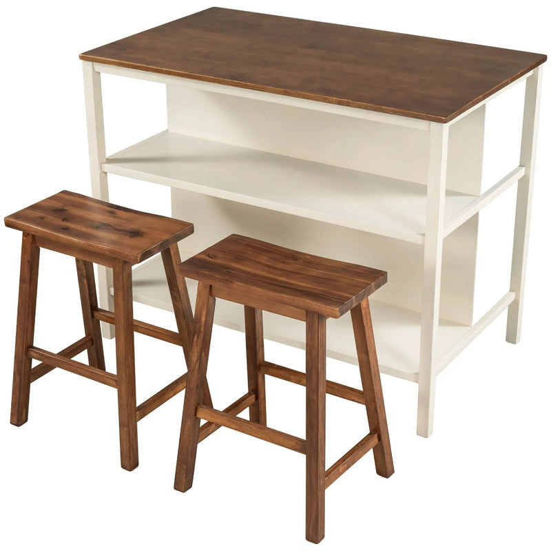 Rustic 3 Piece Stationary Kitchen Island Set With 2 Seatings, With 2 Open Shelves by HouseOfZazla