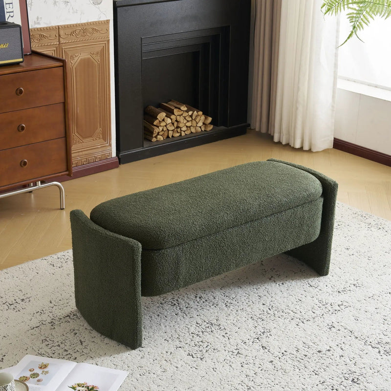 Elegant Long Shaped Storage Ottoman Bench, Boucle Material, Dark Green by HouseOfZazla