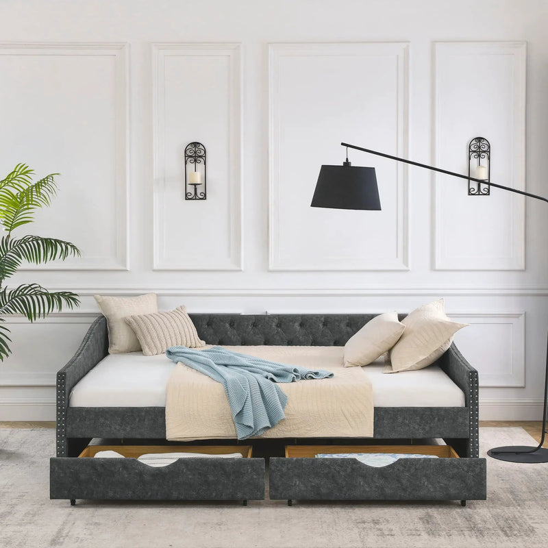 Upholstered Tufted Daybed With 2 Drawers, Waved Arms by Unique Piece Furniture