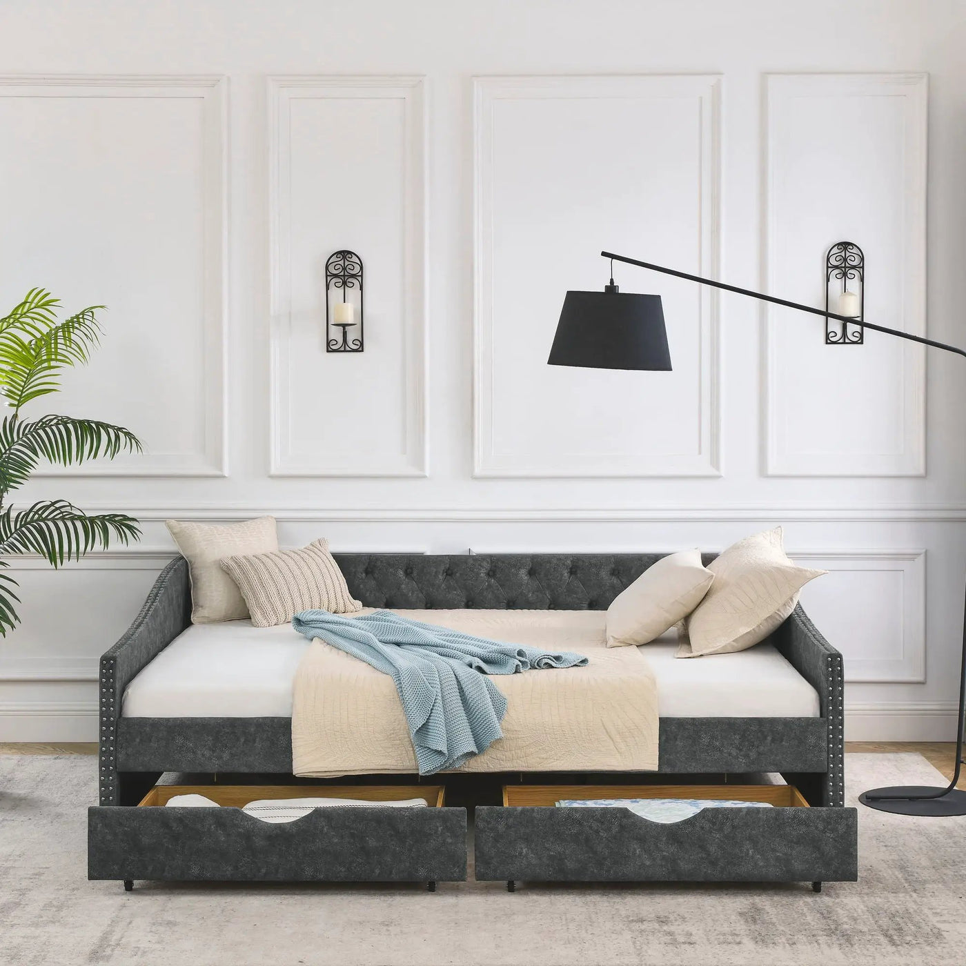 Upholstered Tufted Daybed With Drawers, Waved Arms by Unique Piece Furniture