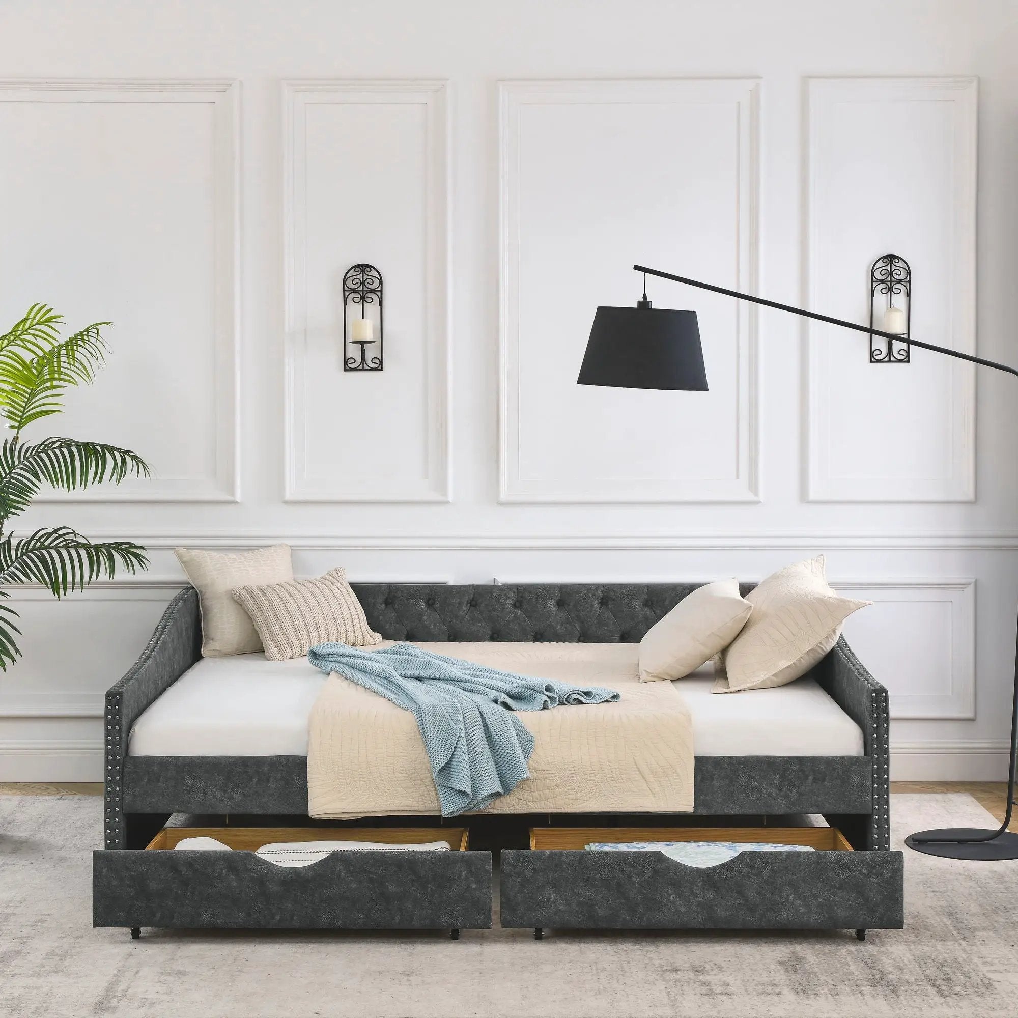 Upholstered Tufted Daybed With Drawers, Waved Arms by HouseOfZazla