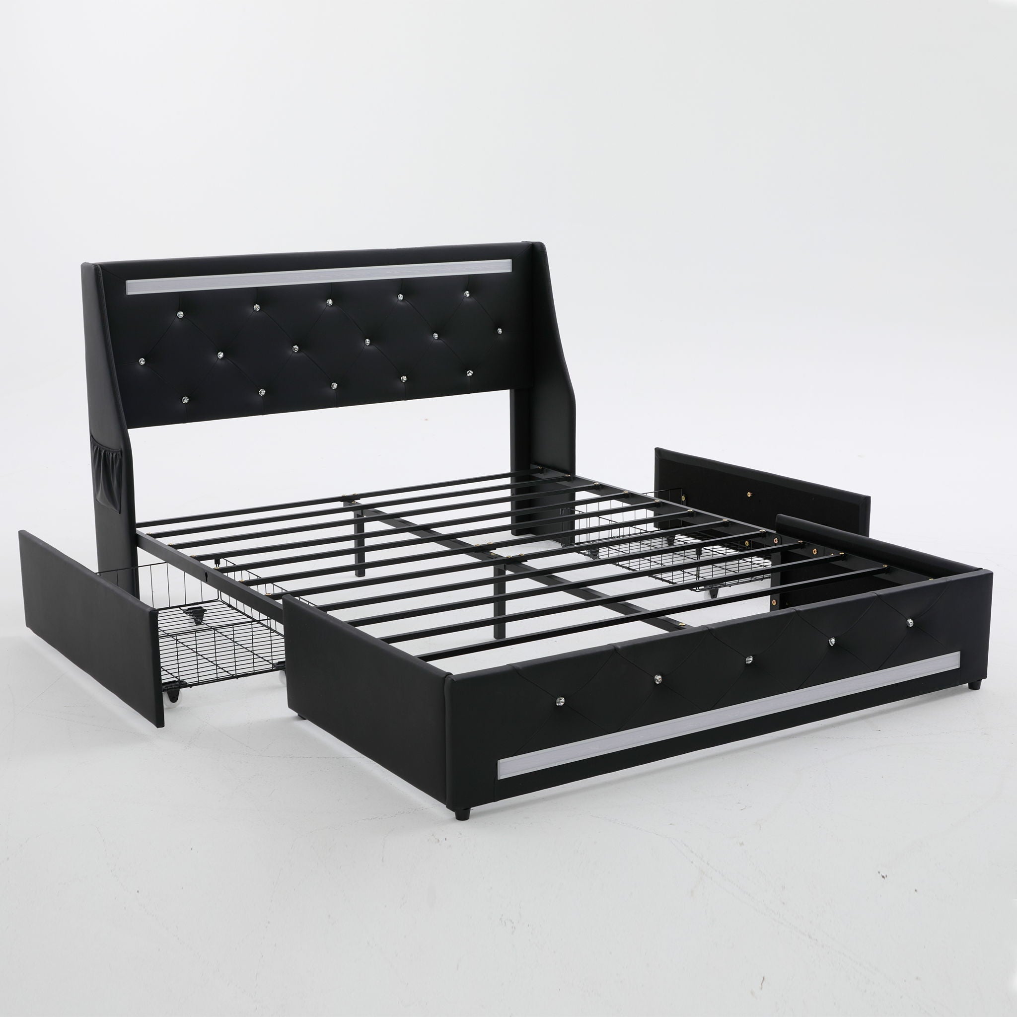Wingback Upholstered Bed Frame With LED Lights, Charging Station by HouseOfZazla