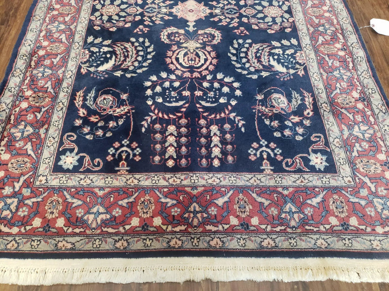 Dark Blue Indo Persian Rug 4x6, Medium Size Hand Knotted Oriental Carpet, Traditional Floral Indian Rug, Blue and Red Entryway Rug, Wool Rug by Jewel Rugs