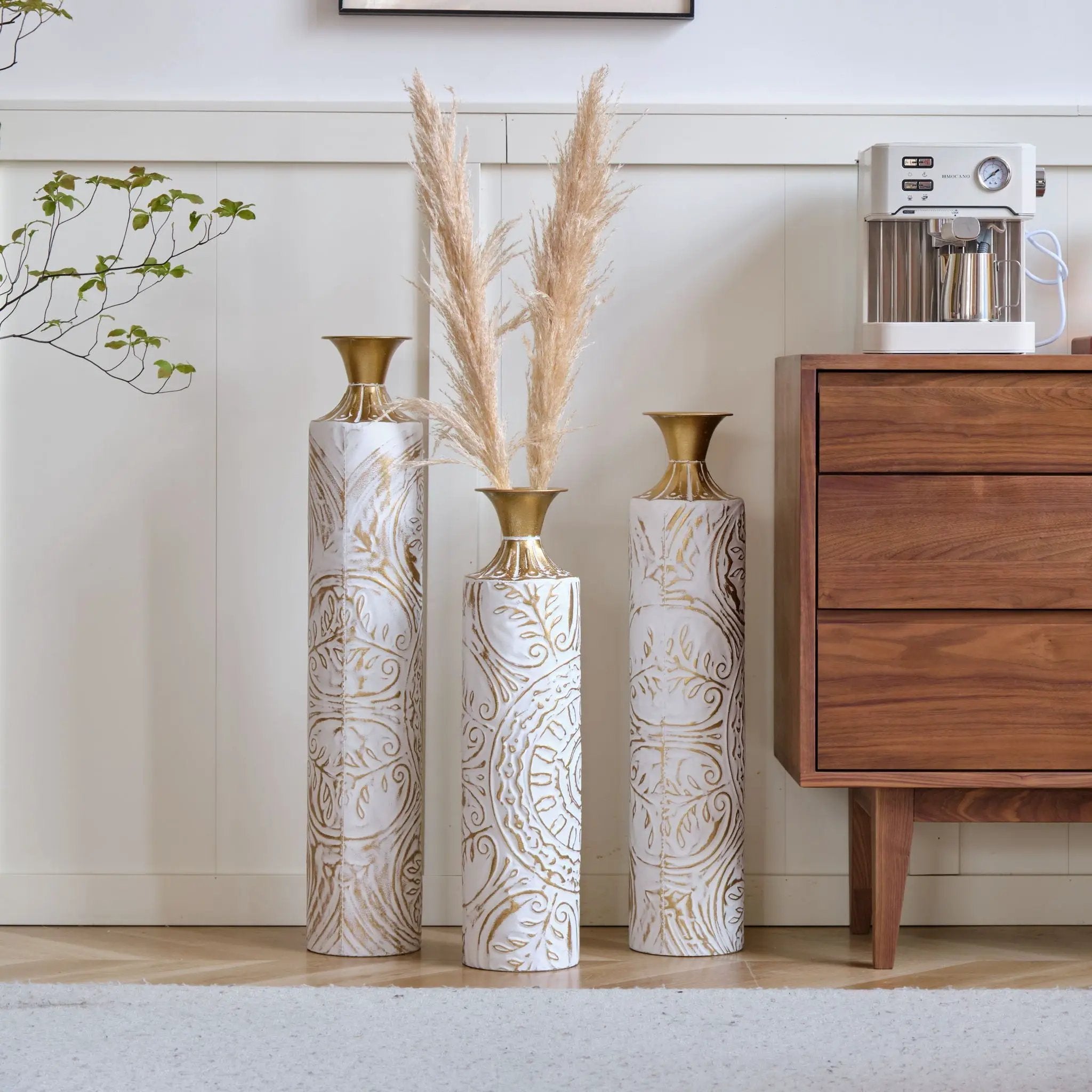 Floor Metal Vases Decorated Metal Vases (Set of 3) Gorgeous Home Decoration Large Glazed Metal Vases - White / Gold by Unique Piece Furniture
