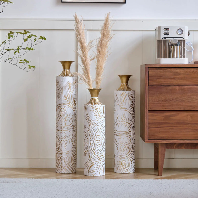 Floor Metal Vases Decorated Metal Vases (Set of 3) Gorgeous Home Decoration Large Glazed Metal Vases - White / Gold by HouseOfZazla