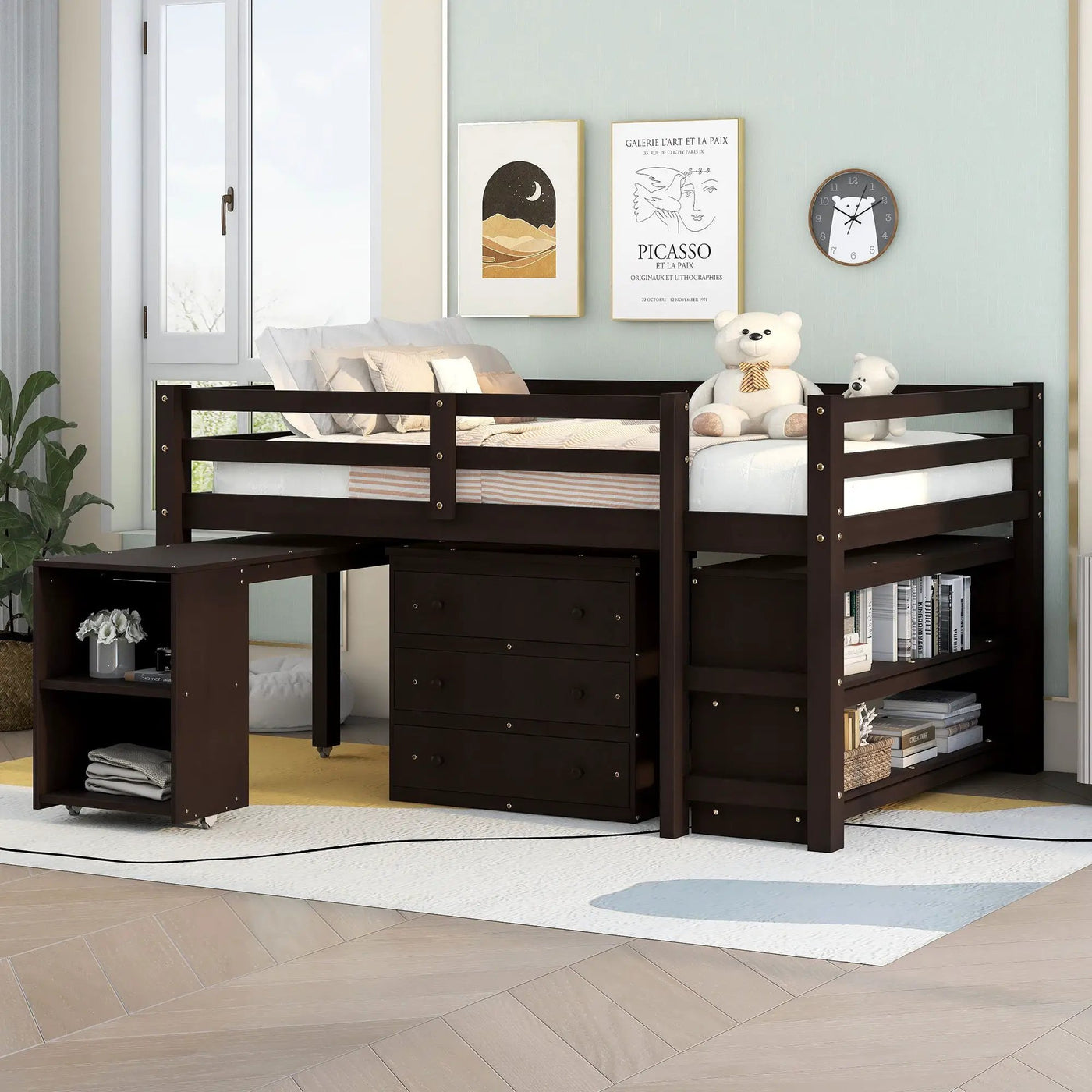Loft Low Study Bed With Cabinet, Shelves And Rolling Portable Desk, Multiple Functions by Unique Piece Furniture