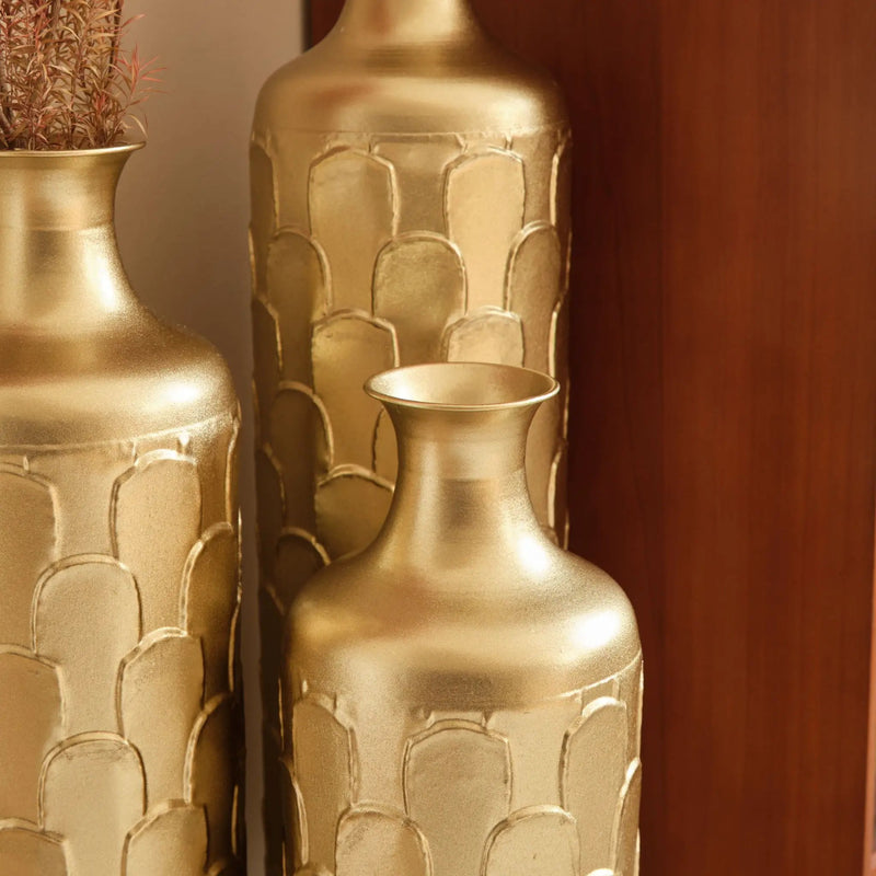 Floor Metal Vases Decorated White Metal Vases (Set of 3) Gorgeous Home Decoration Large Glazed Metal Vases - Golden by HouseOfZazla