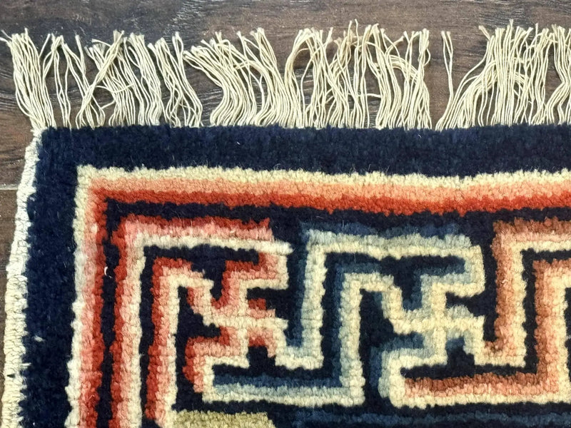Small Antique Chinese Rug 2x2, Red Blue Square Rug Mat, Handmade, Tibetan Rug by Jewel Rugs