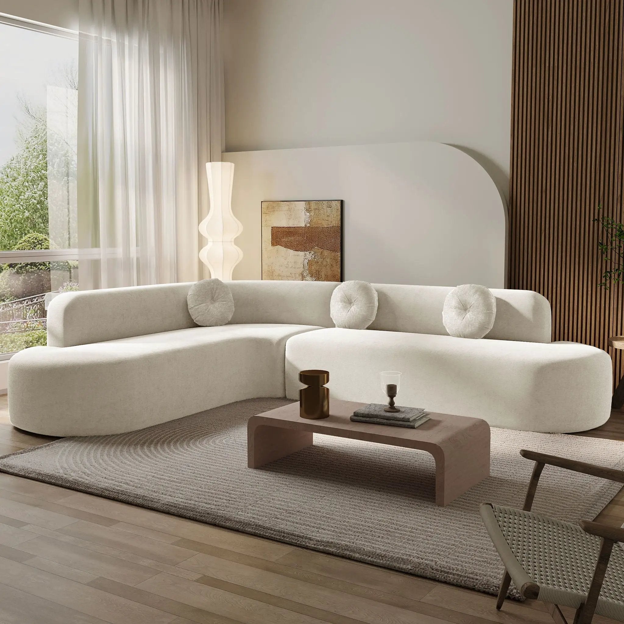 Extra Large Sectional Sofa Soft Fabric Upholstery, Elegant Curved Design With 3 Round Cushions, High-Resilience Foam by HouseOfZazla