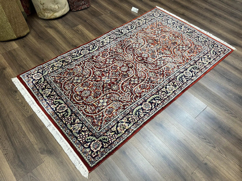 Indo Persian Rug 4x7, Allover Floral Oriental Carpet, Red and Navy Blue, Hand Knotted Indian Kashmiri Traditional Vintage Area Rug 4 x 7 ft by Jewel Rugs