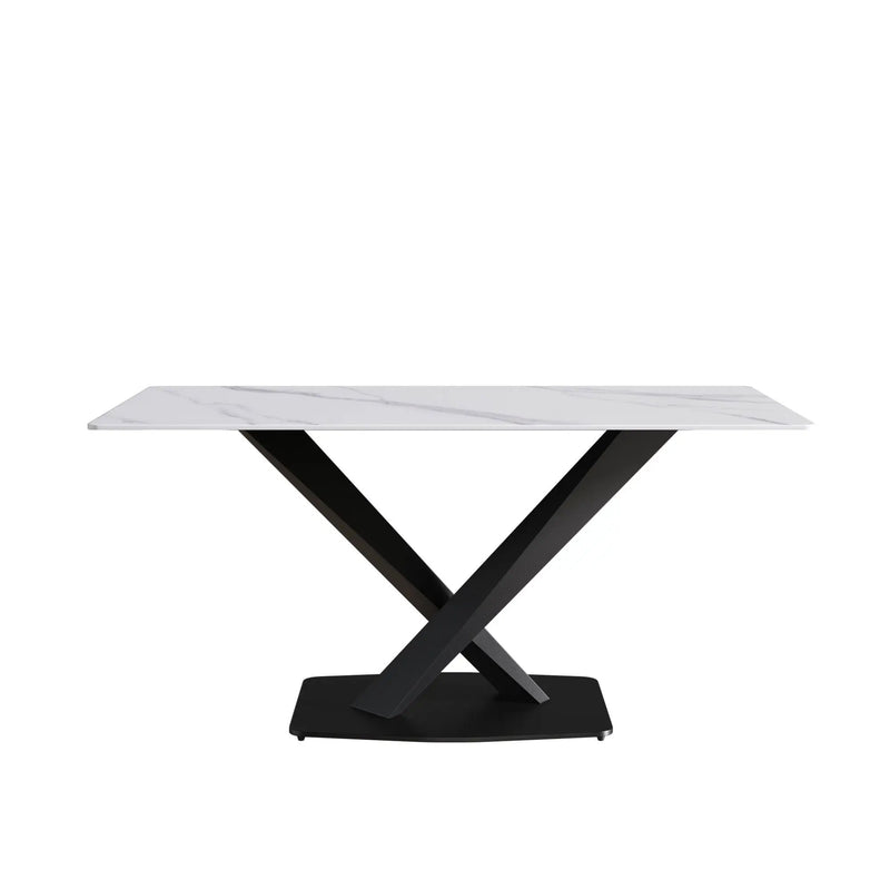 63" Modern Artificial Stone Straight Edge Metal X-Leg Dining Table, 6 People - White / Black by Unique Piece Furniture