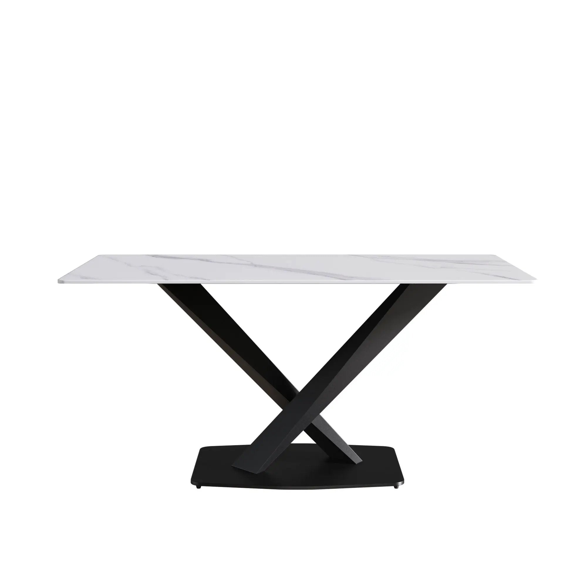63" Modern Artificial Stone Straight Edge Metal X-Leg Dining Table, 6 People - White / Black by HouseOfZazla