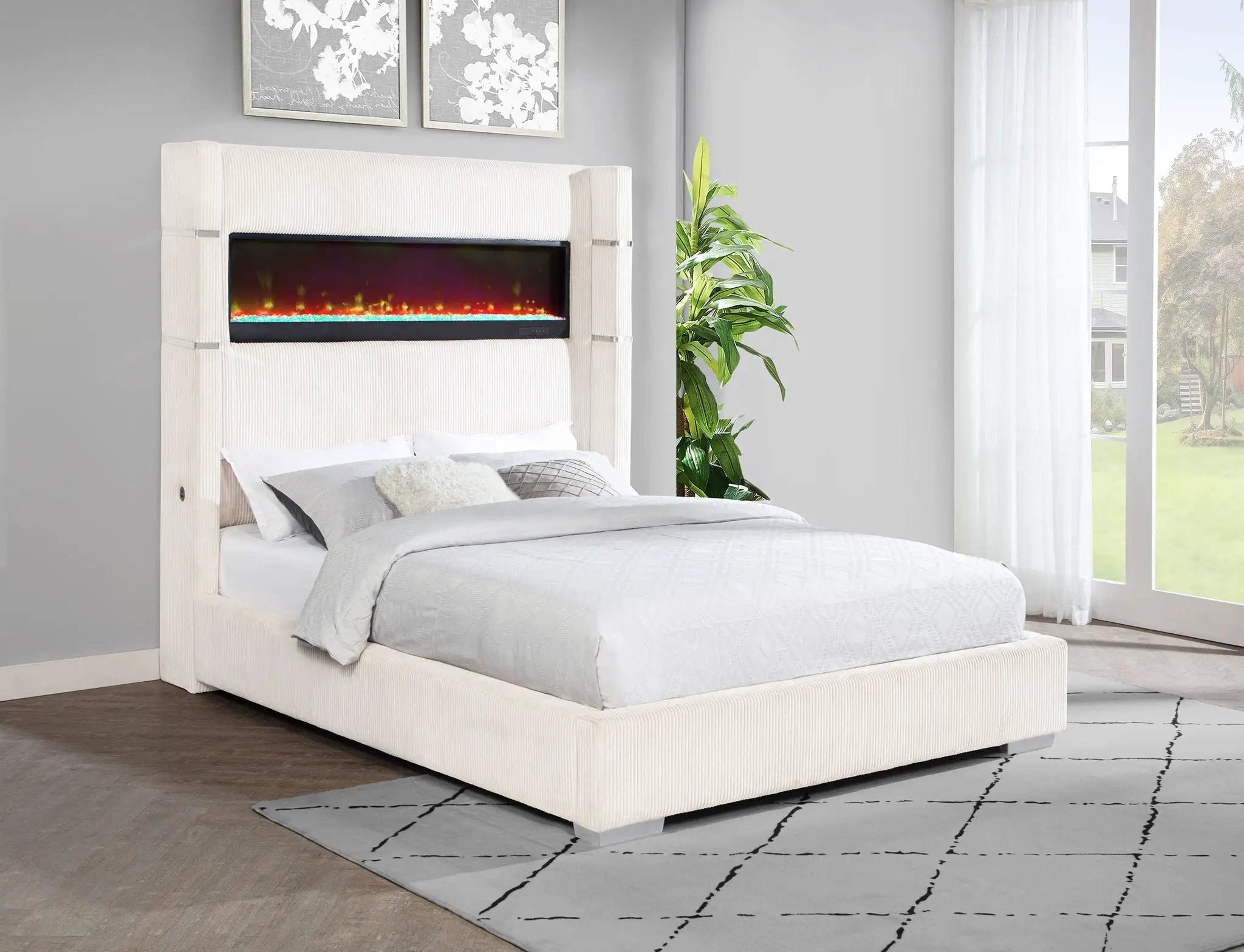 Tisdall Upholstered Cal King Flame Visualizer Bed Cream by Unique Piece Furniture