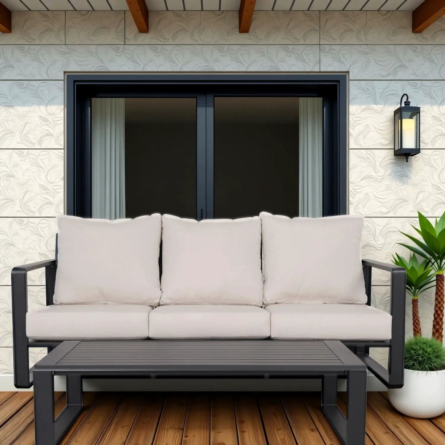 3 Person Sofa With Rectangular Coffee Table, Cushions Tino Tino - Beige by Unique Piece Furniture