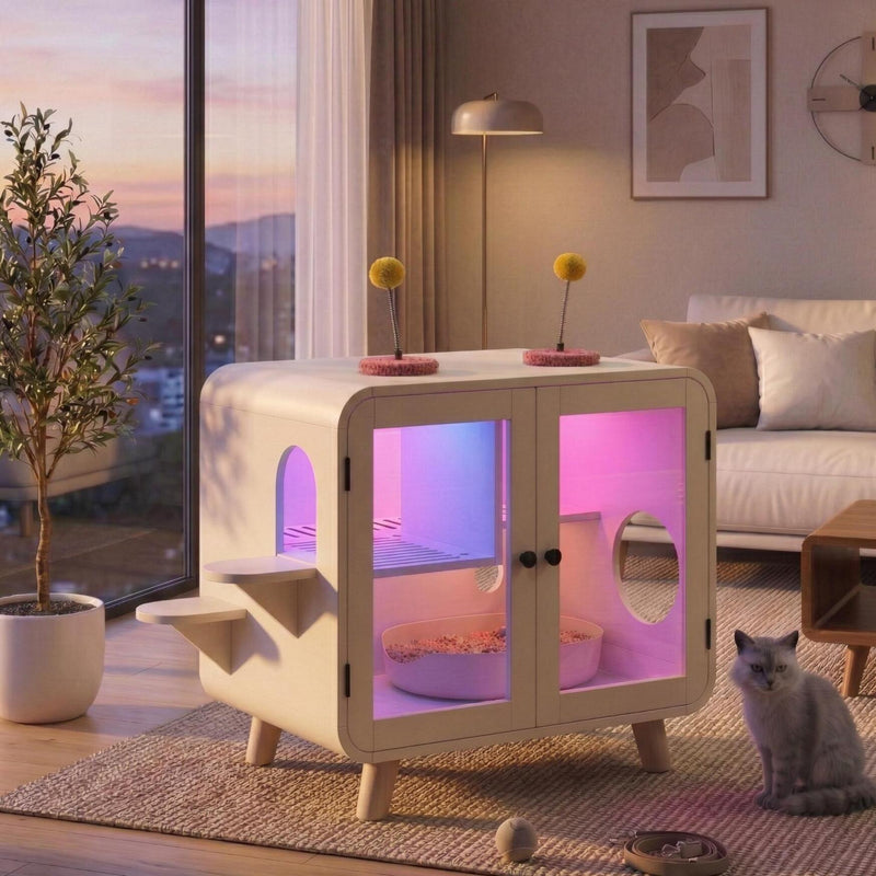 Cat Hidden Litter Box Enclosure with RGB LED Light and Glass Doors by HouseOfZazla