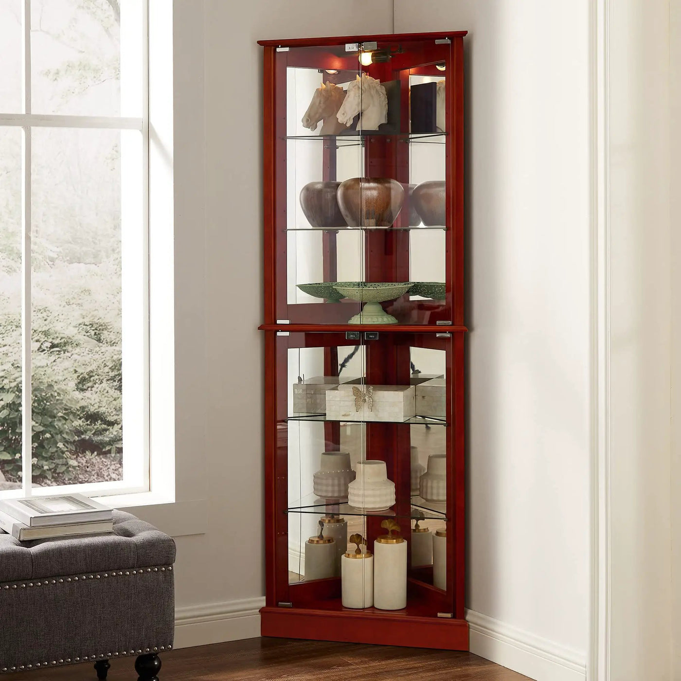 Corner Curio Dispaly Cabinet With Lights, Adjustable Tempered Glass Shelves, Mirrored Back (E26 Light Bulb Not Included) by Unique Piece Furniture