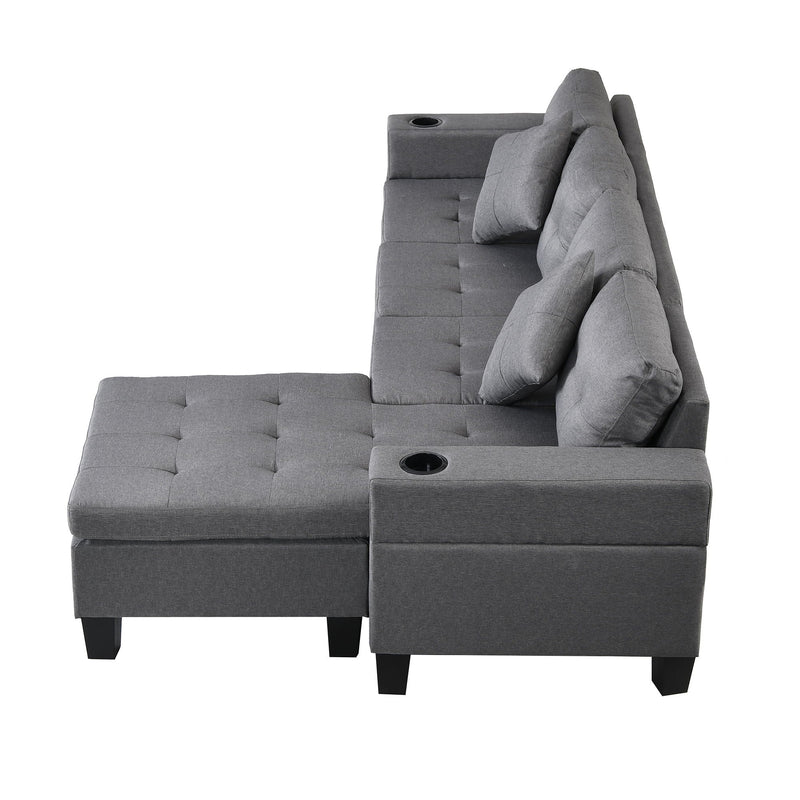 Modern Sectional Sofa Set With L Shape Chaise Lounge, Cup Holder, 4 Seat - Gray by HouseOfZazla