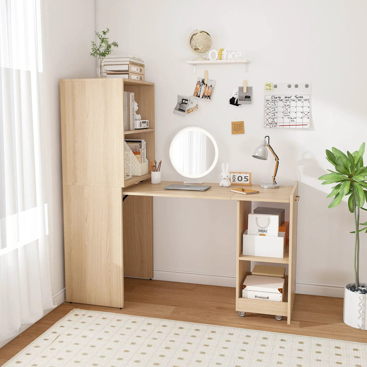 Stretchable Office Desk With Storage Shelves And Mobile Wheels by Unique Piece Furniture
