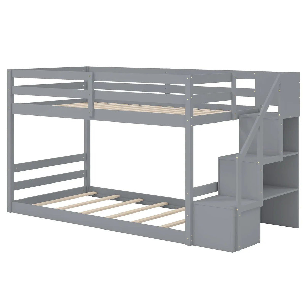Twin Over Twin Low Bunk Bed with Storage Stairs Solid Wood Floor Bunk Bed Frame, photo 9 of 9