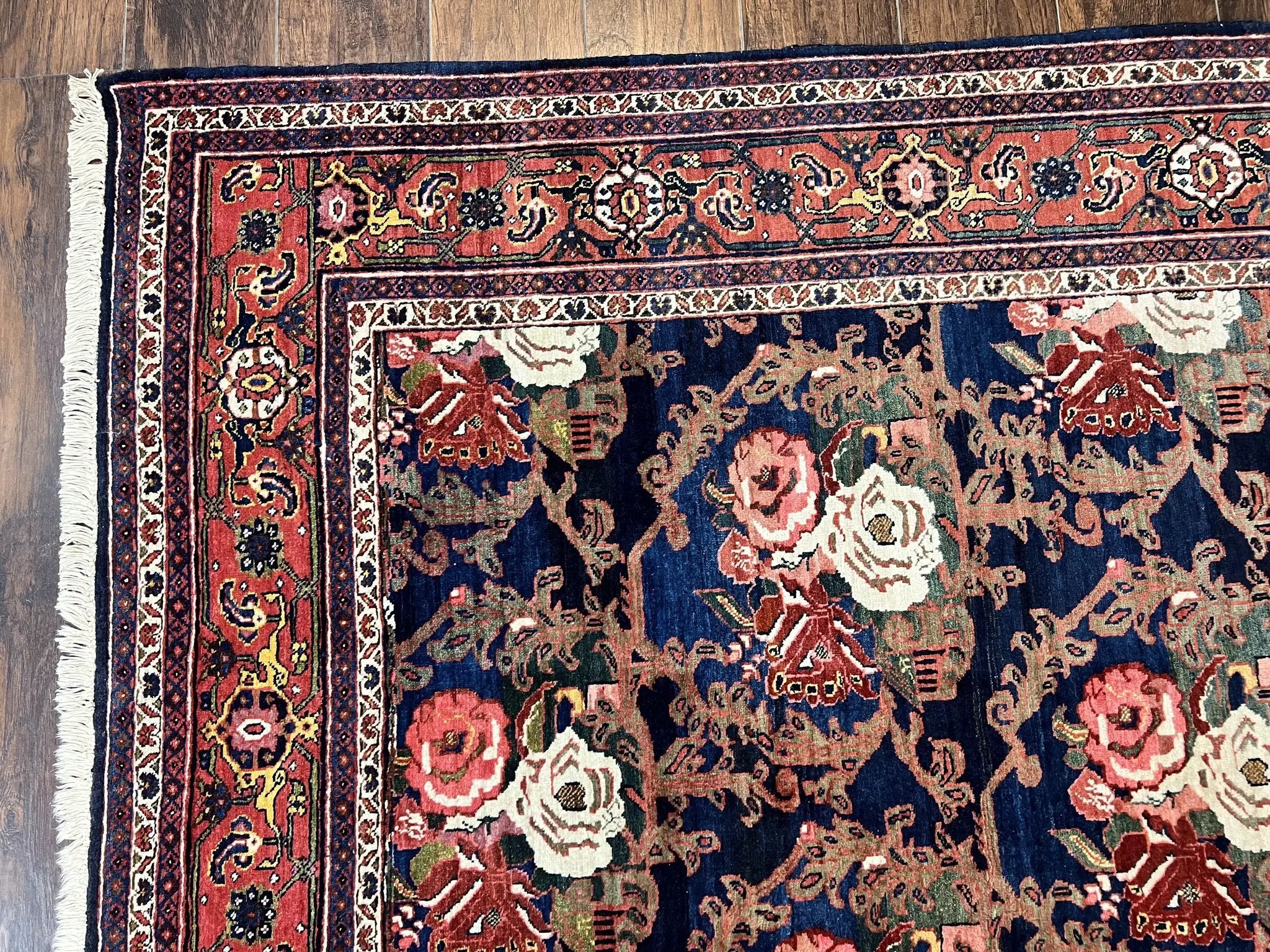 Persian Bidjar Rug 8x11, Floral Bouquets, Blue Black Red Pink, Handmade Hand Knotted Vintage Semi Antique Oriental Carpet by Jewel Rugs