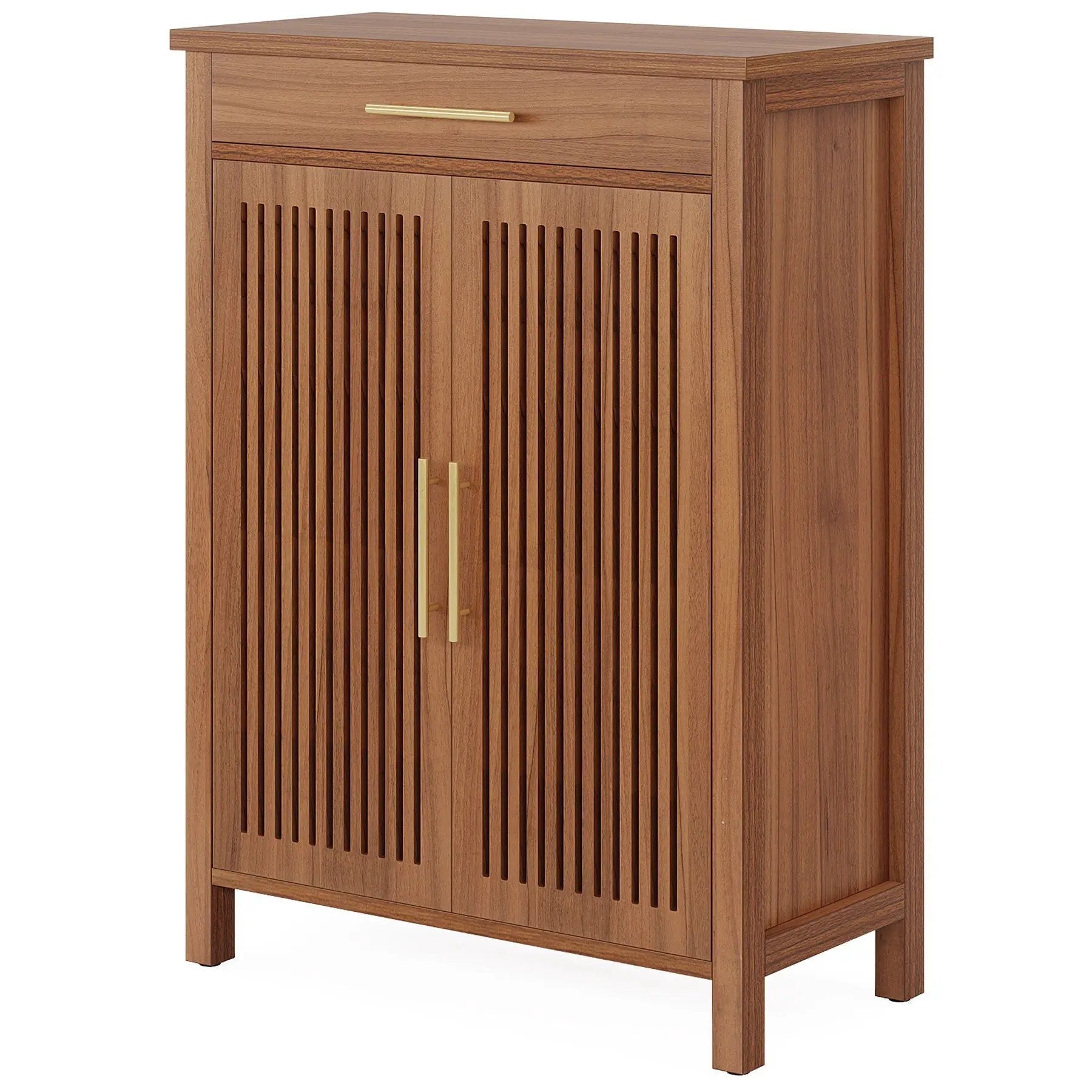 5 Tier Shoe Cabinet With Louvered Doors And Drawer, Freestanding Organizer With Adjustable Shelves For Entryway - Brown by HouseOfZazla