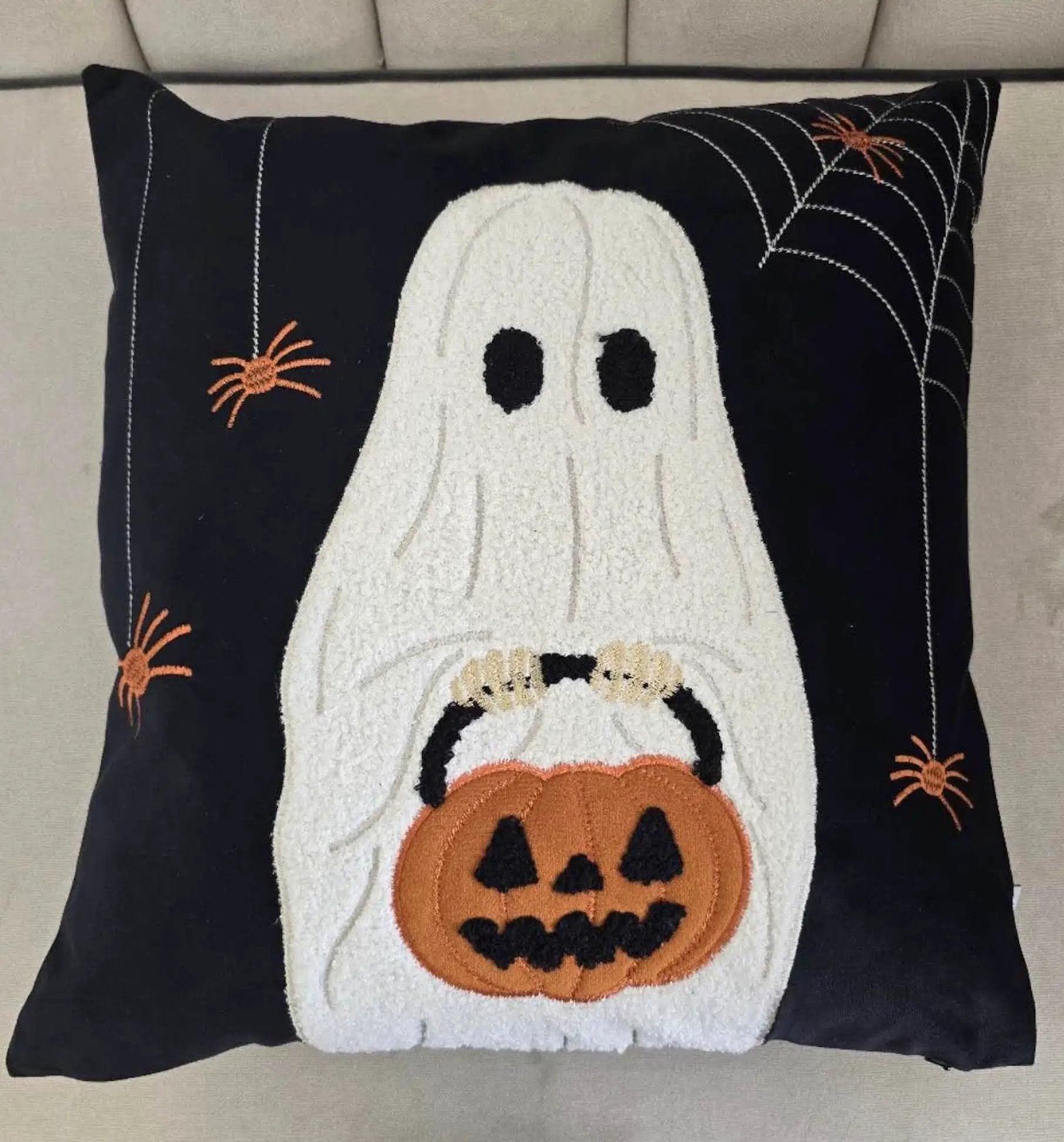 Halloween Ghost with Pumpkin Bucket Throw Pillow Set of 2 by HouseOfZazla
