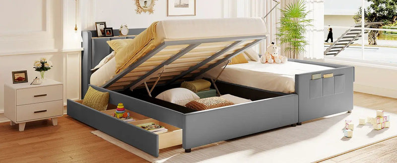 Upholstered Mother & Child Bed With Hydraulic Storage System, Drawer Box, Bedhead Storage Shelf And 2 Pairs Of Sockets & USB Ports by HouseOfZazla