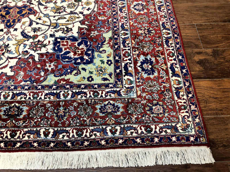 Wonderful Persian Isfahan Rug 7x9, Ivory Navy Blue Red, Floral Medallion, Very Finely Hand Knotted 260 KPSI, Handmade Wool Vintage Rug by Jewel Rugs