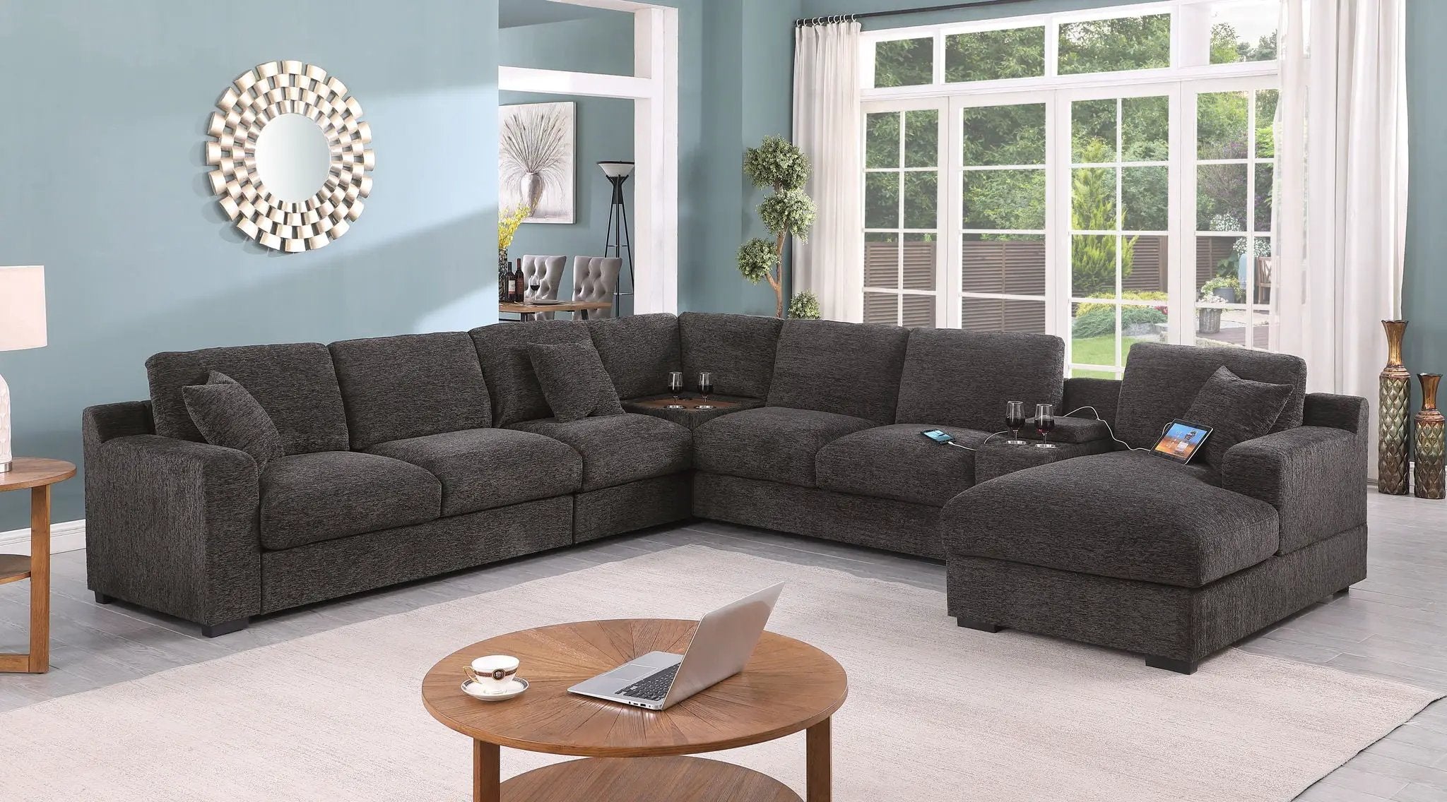 Celine - Corner Sectional Sofa With Right Facing Chaise, Cupholders, And Charging Ports - Gray by HouseOfZazla