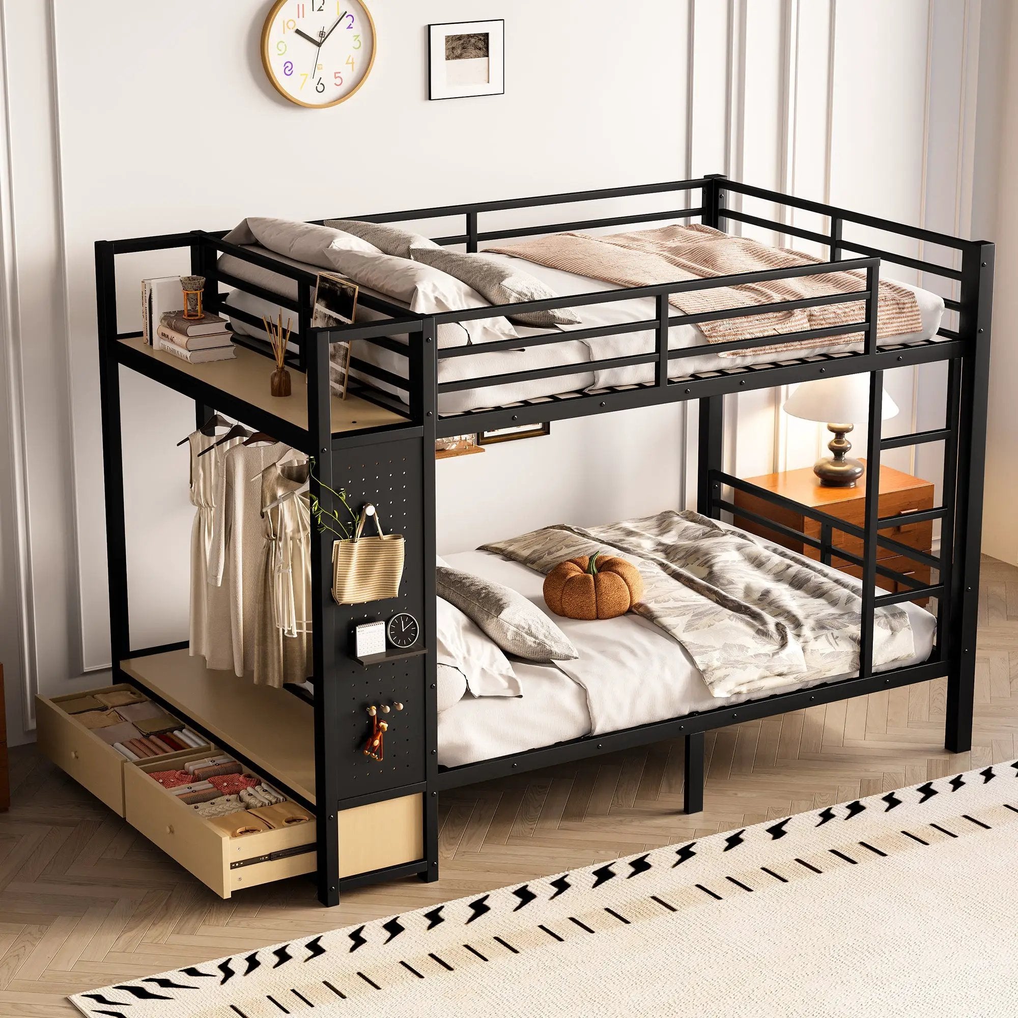 Full Over Full Size Metal Bunk Bed for Teens with Storage Shelves, Drawers and Pegboard by HouseOfZazla