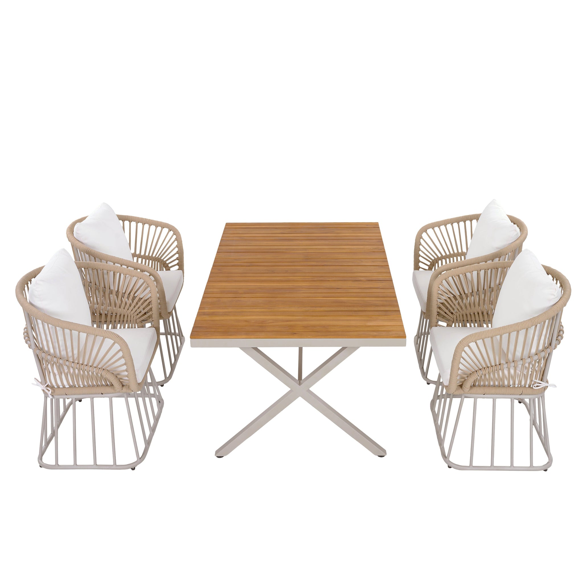 Outdoor 5-Piece Dining Set - Rectangular Teak Wood Table + 4 Wicker Chairs with Cushions by HouseOfZazla