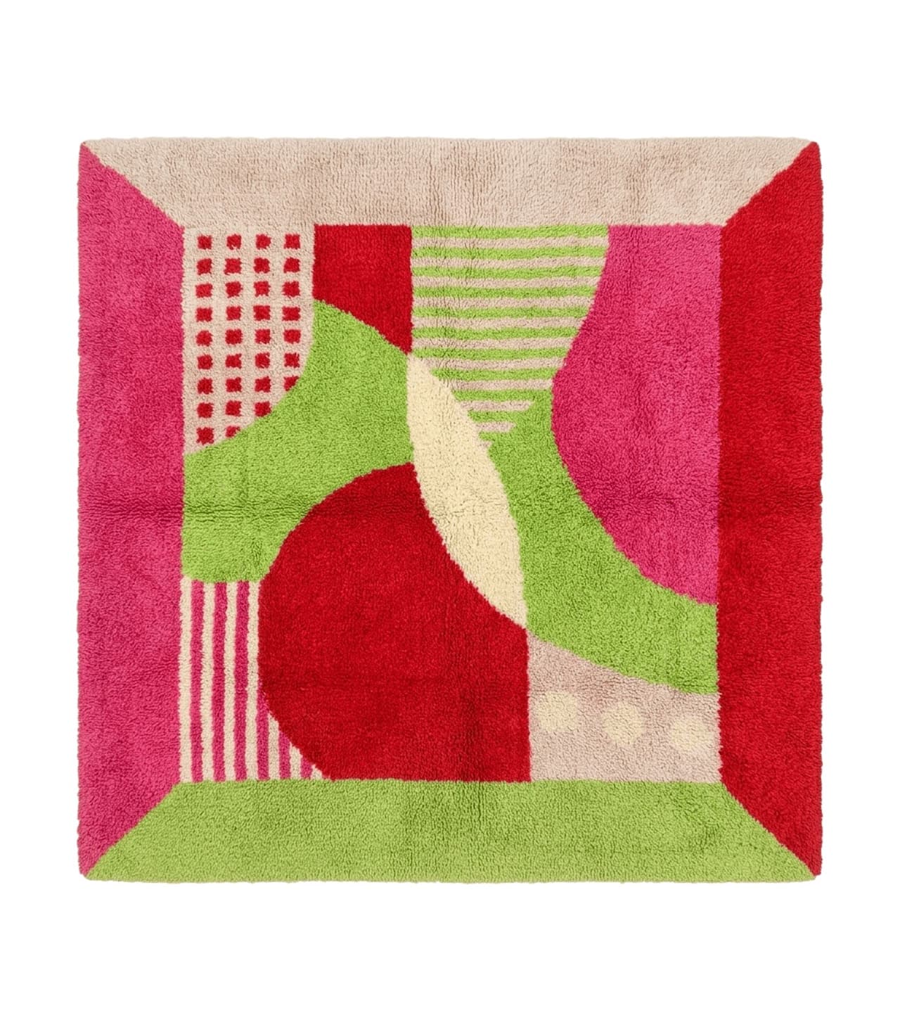 European Shag Rug 4.8 x 4.8, Modern Abstract Design, Green Pink Red, Square Shag Rug, Unique by Jewel Rugs