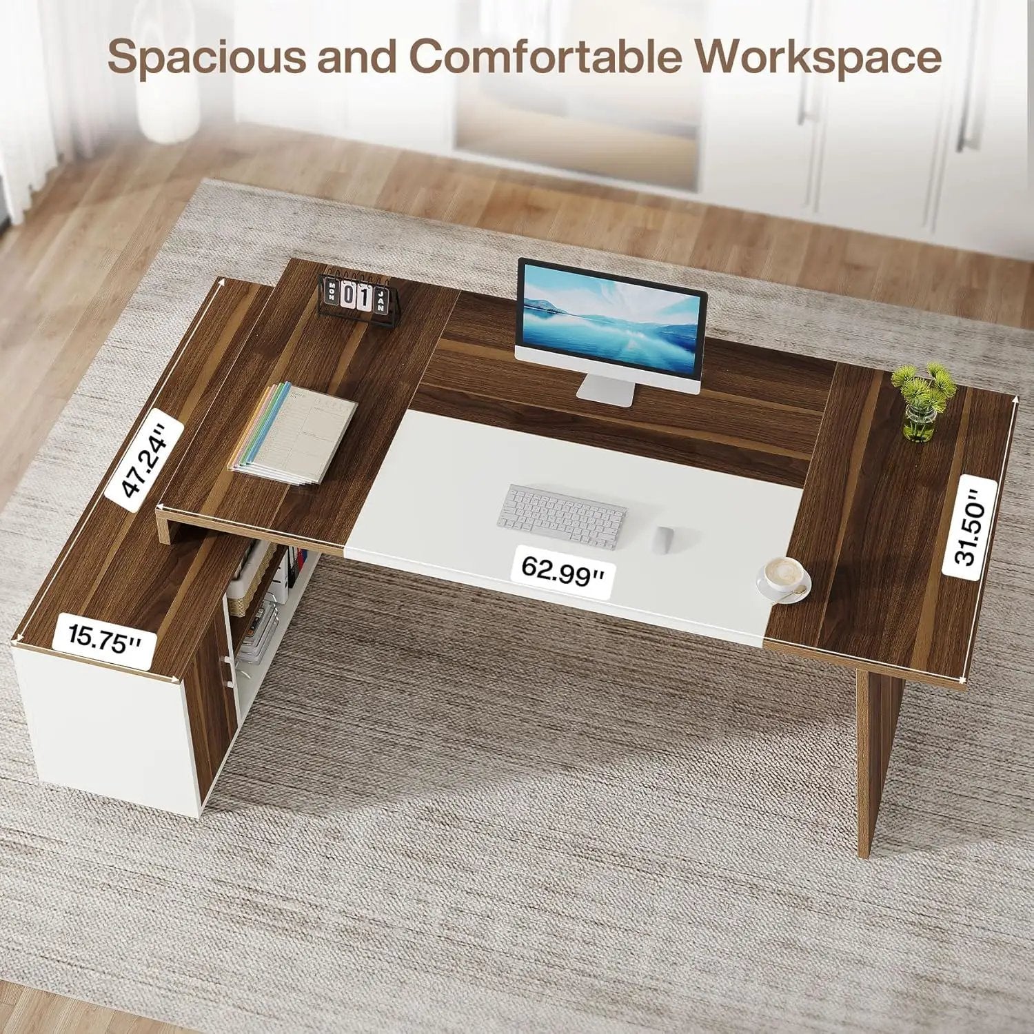 L-Shaped Executive Desk With Storage Cabinet And Shelves For Home Office - White / Walnut by HouseOfZazla