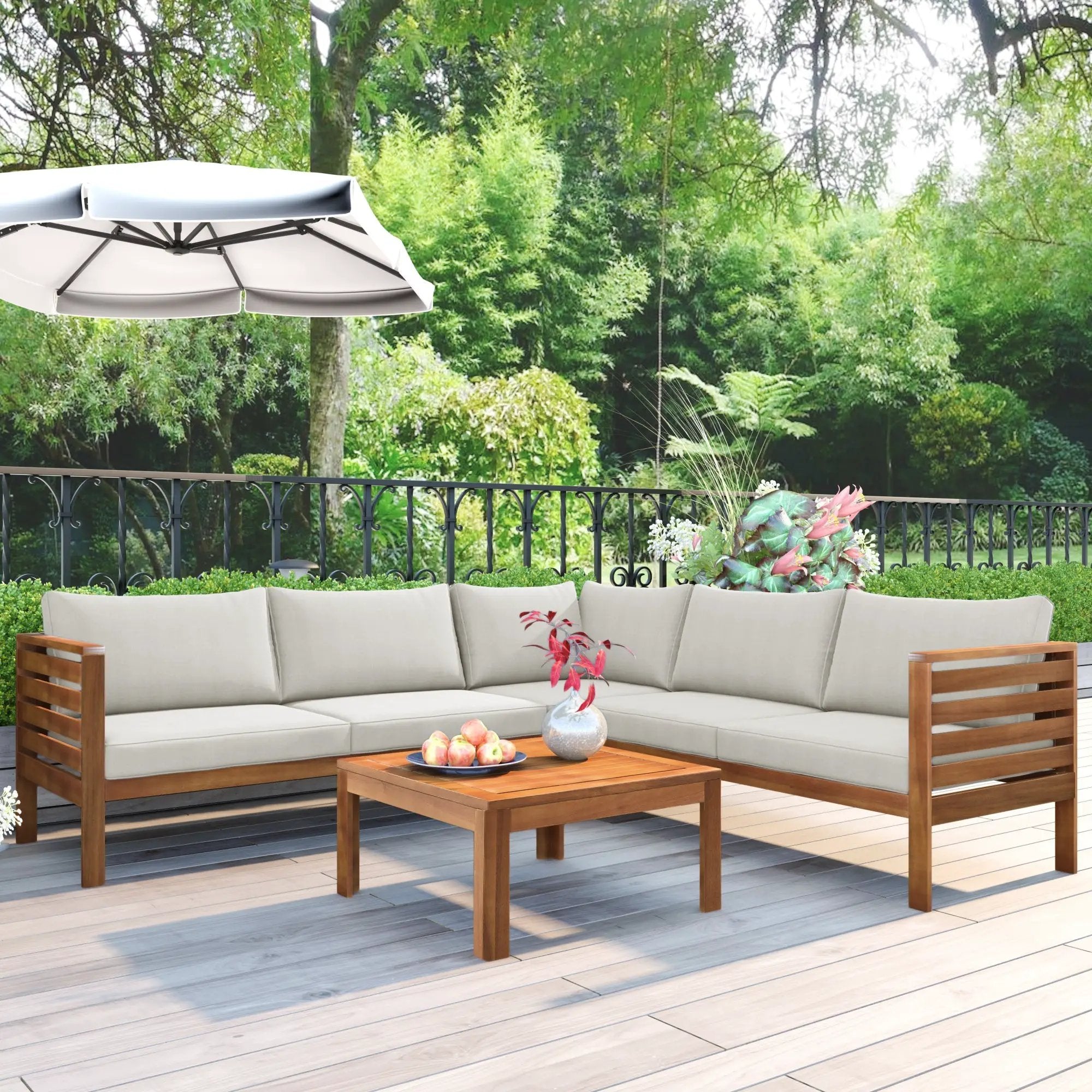 Wood Structure Outdoor Sofa Set with Beige Cushions by HouseOfZazla