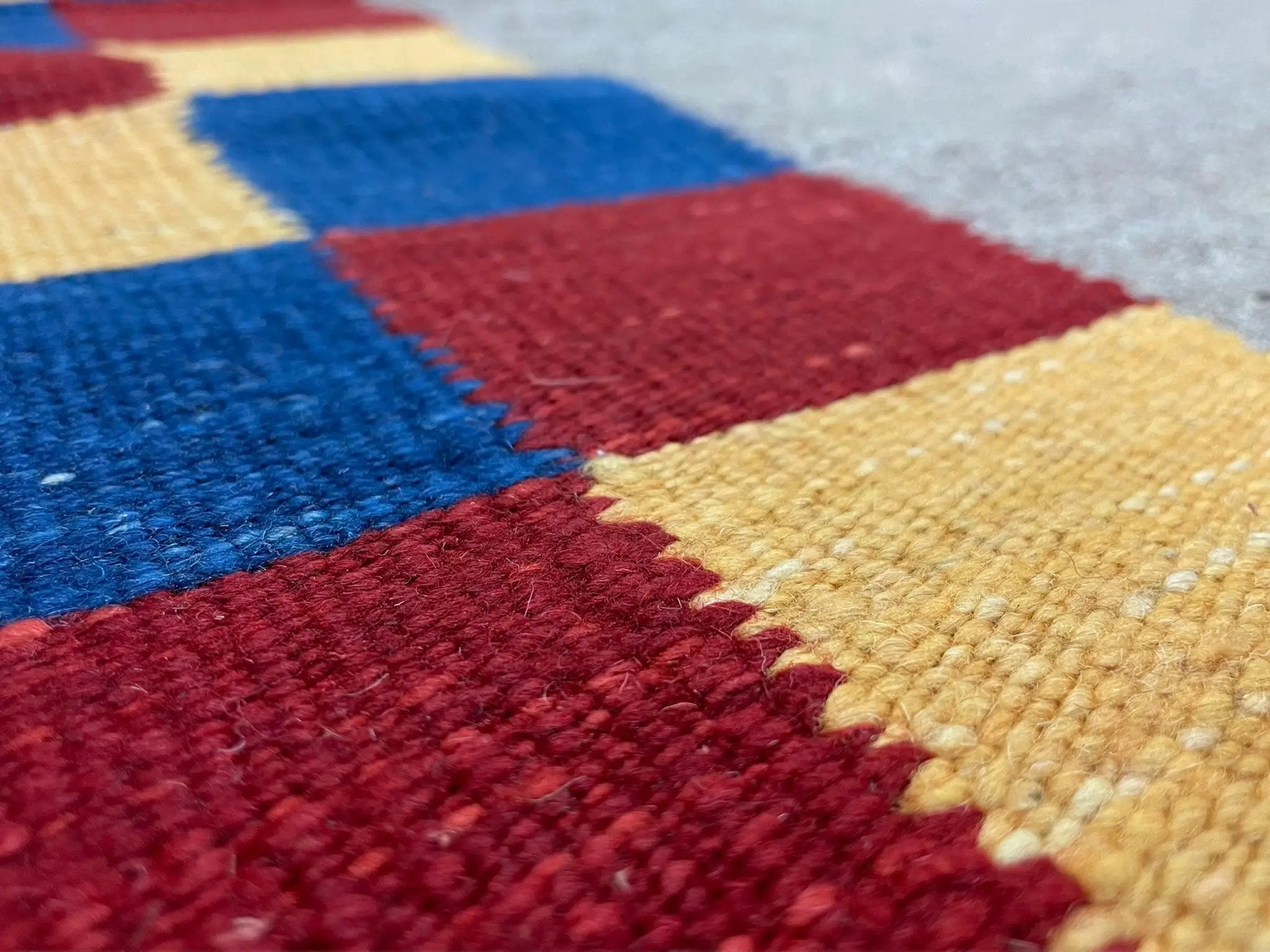Gray Kilim Carpet, Yellow, Red, Blue Checkerboard Pattern, Flatweave, New, Geometric, Hand-Knotted, Wool, Turkish Area Rug, 5' 9" x 7' 9" by Jewel Rugs