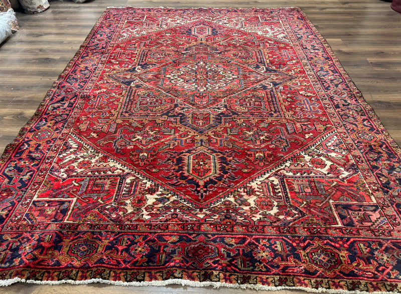 Persian Heriz Rug 7x10, Geometric Pattern, Red Ivory Navy Blue by Jewel Rugs