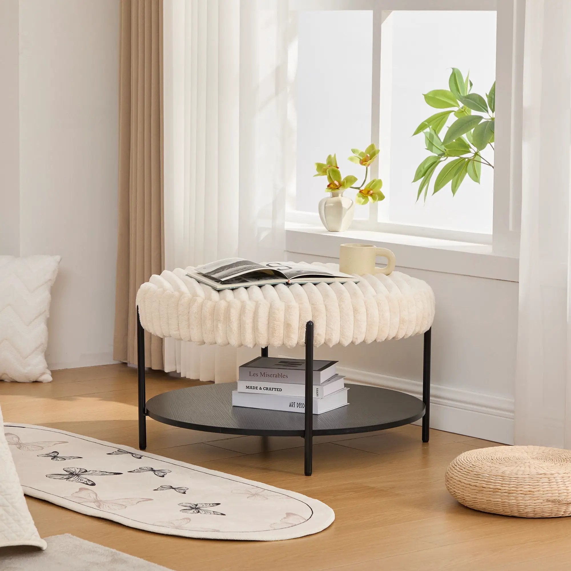 Modern Upholstered Round Ottoman Coffee Table With Storage Shelf by Unique Piece Furniture